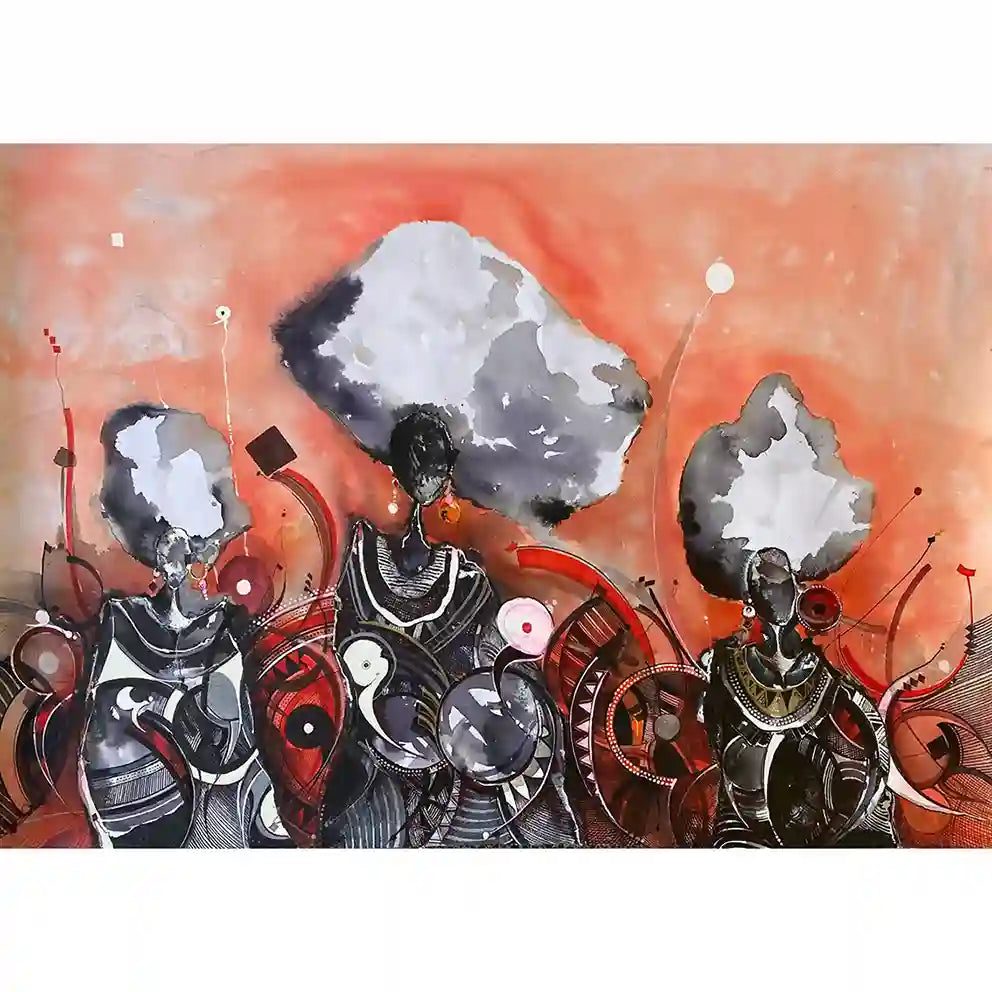 Marawi mixed media by Mohamed Wraag featuring three Sudanese women in traditional dress on coral background canvas artwork