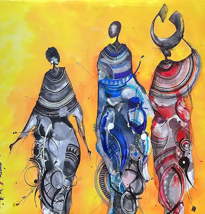 Sun-Kissed by Mohamed Wraag with three Sudanese women in traditional dress and geometric patterns on golden yellow canvas