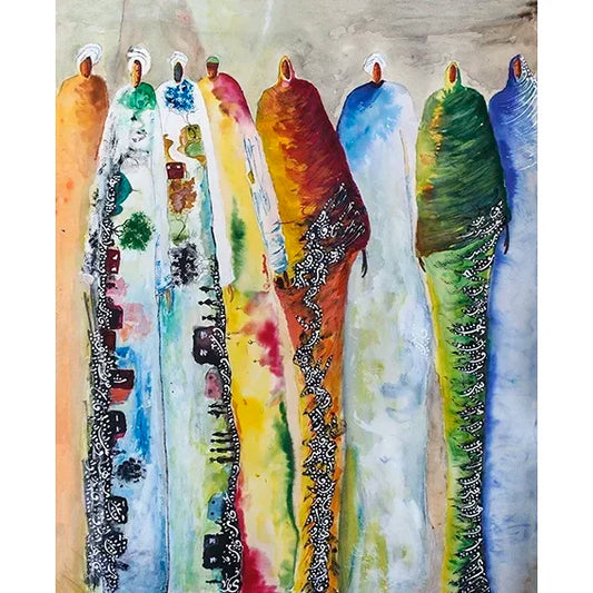'Supremes' painting of giants Sudanese people with traditional clothes drawn with Sudan landscape over it, by Yousif Ibrahim