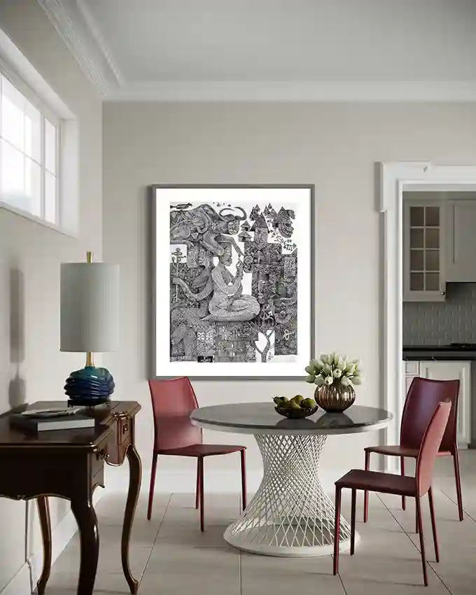 The Gathered black white print by Tariq Nasre displayed in elegant dining room with modern table and burgundy leather chairs