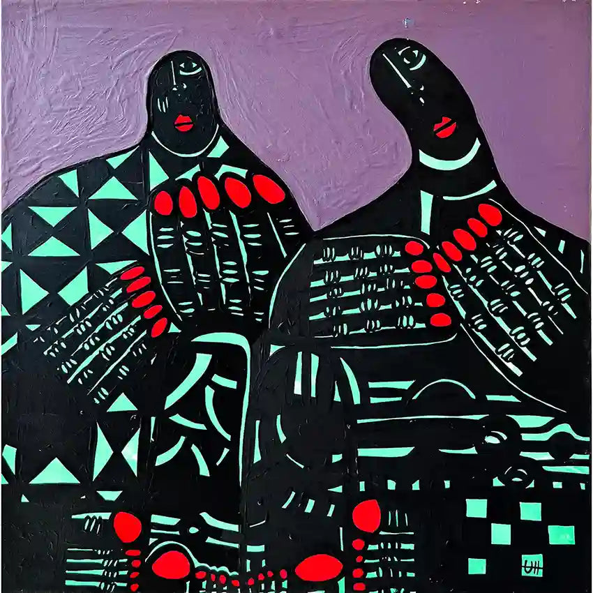 A Double Soul by Usra Hamza mixed media on canvas with two abstract figures, turquoise triangles, and red nails on purple