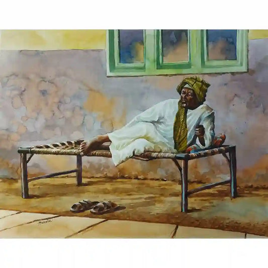  Quiet Moment watercolor painting by Hussein Merghani showing elderly man resting on rope bed in traditional white robes