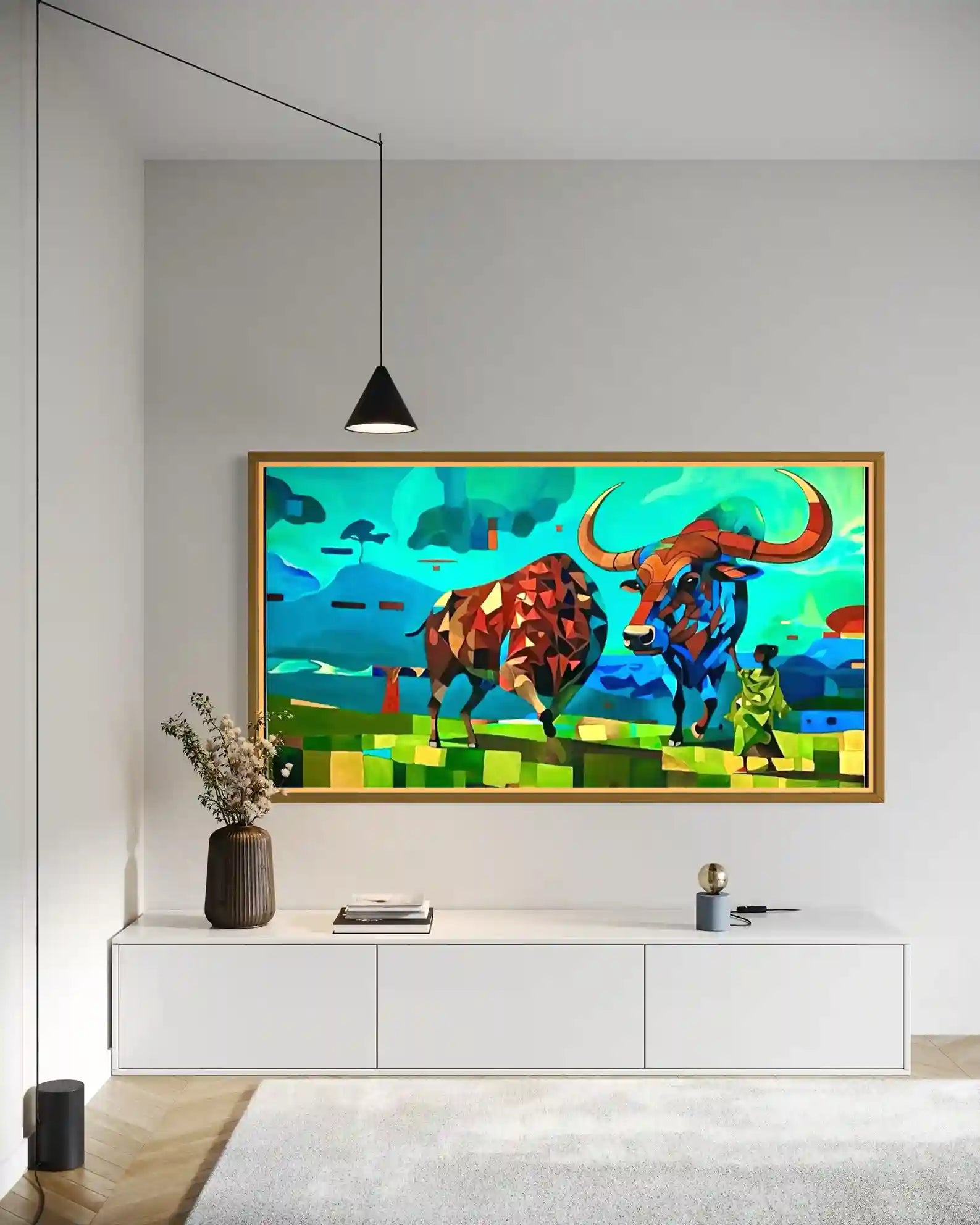Framed acrylic painting 'Kordofan' by Abdlrhmn Alnoman on modern living room wall with pendant light - wall art mockup