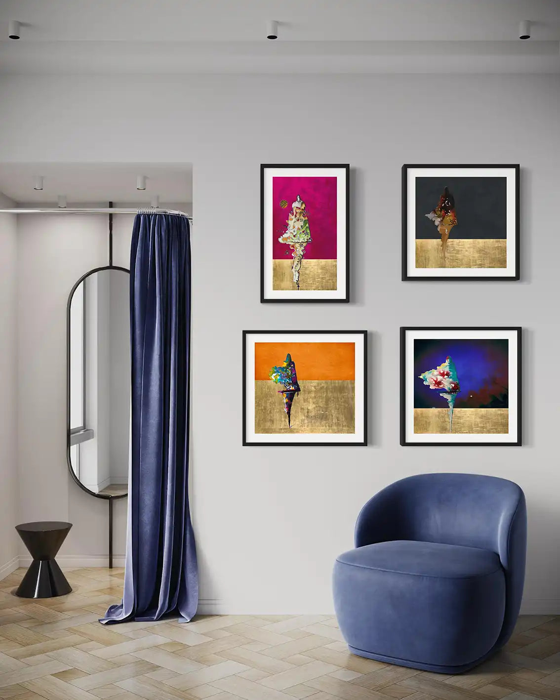 Four framed abstract art prints including 'Bloom' displayed as gallery wall in modern room with blue velvet chair