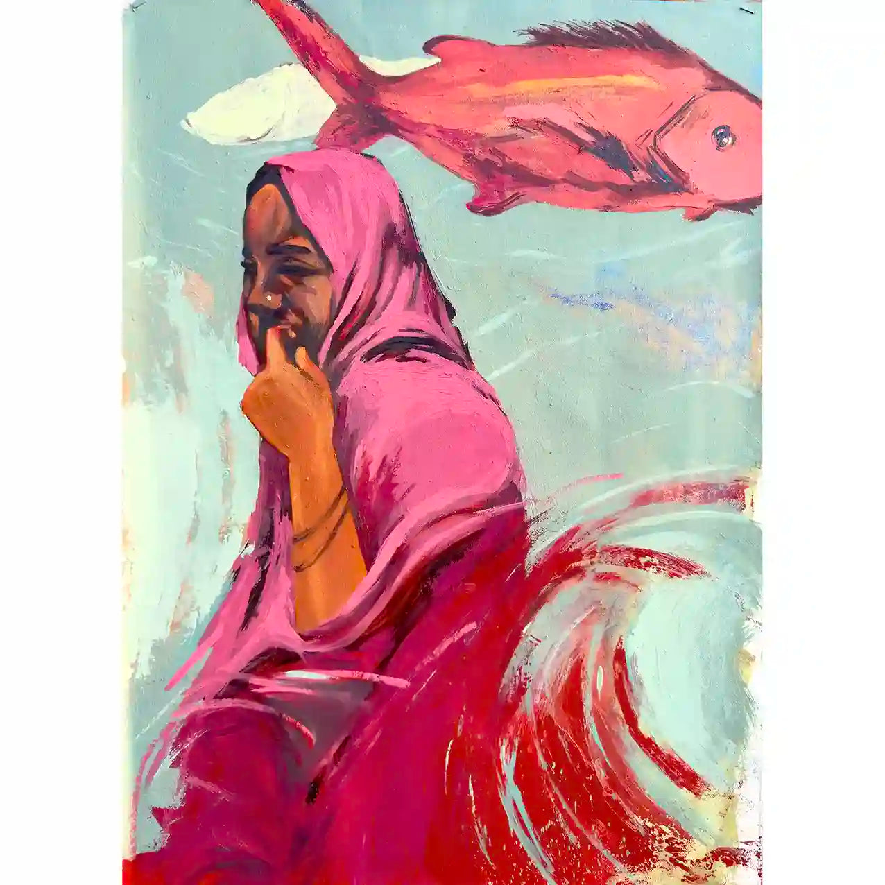 Figurative oil painting Starring 4 by Abubakar Moaz featuring woman in magenta headscarf with coral fish on canvas artwork