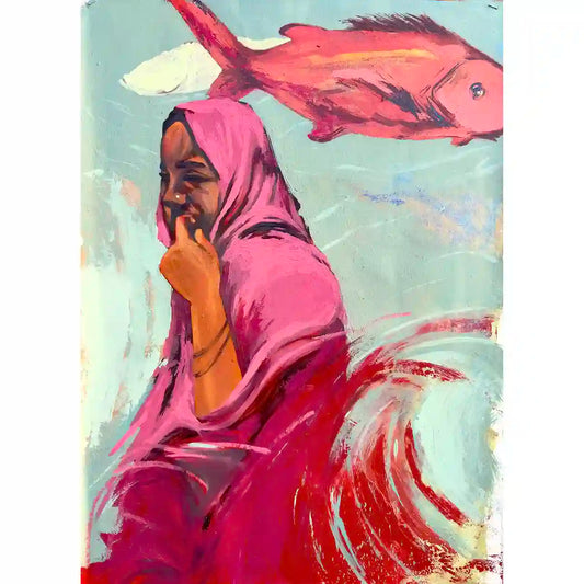 Figurative oil painting Starring 4 by Abubakar Moaz featuring woman in magenta headscarf with coral fish on canvas artwork