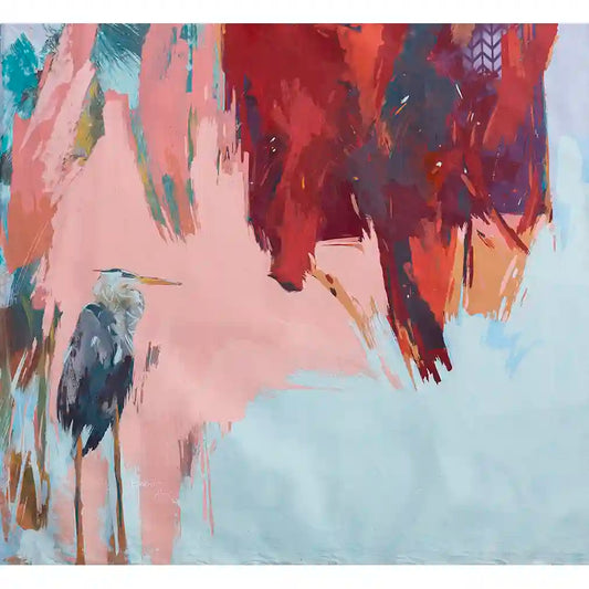 Abstract acrylic painting To Nowhere 1 by Abubakar Moaz featuring pelican bird with coral pink and burgundy brushstrokes