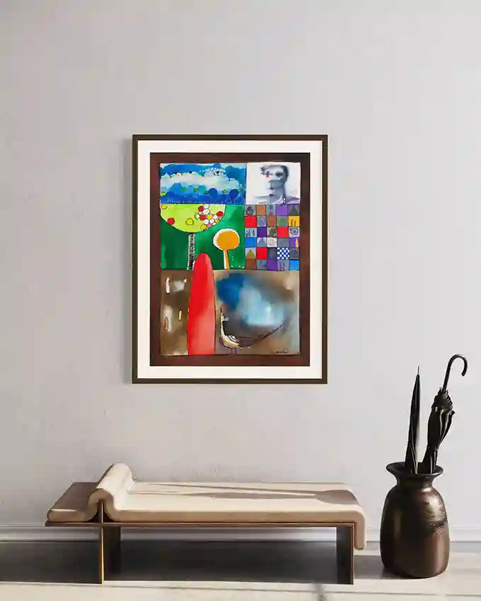 'The Secret Garden' framed art print by Abushariaa Ahmed displayed in modern interior mockup with wooden bench and style.