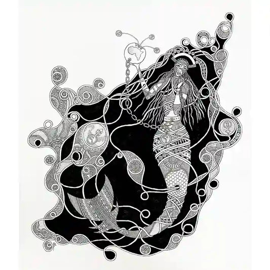 African Mermaid Has A Question 1 black and white intricate line art painting on canvas by Samir Shareef with detailed patterns