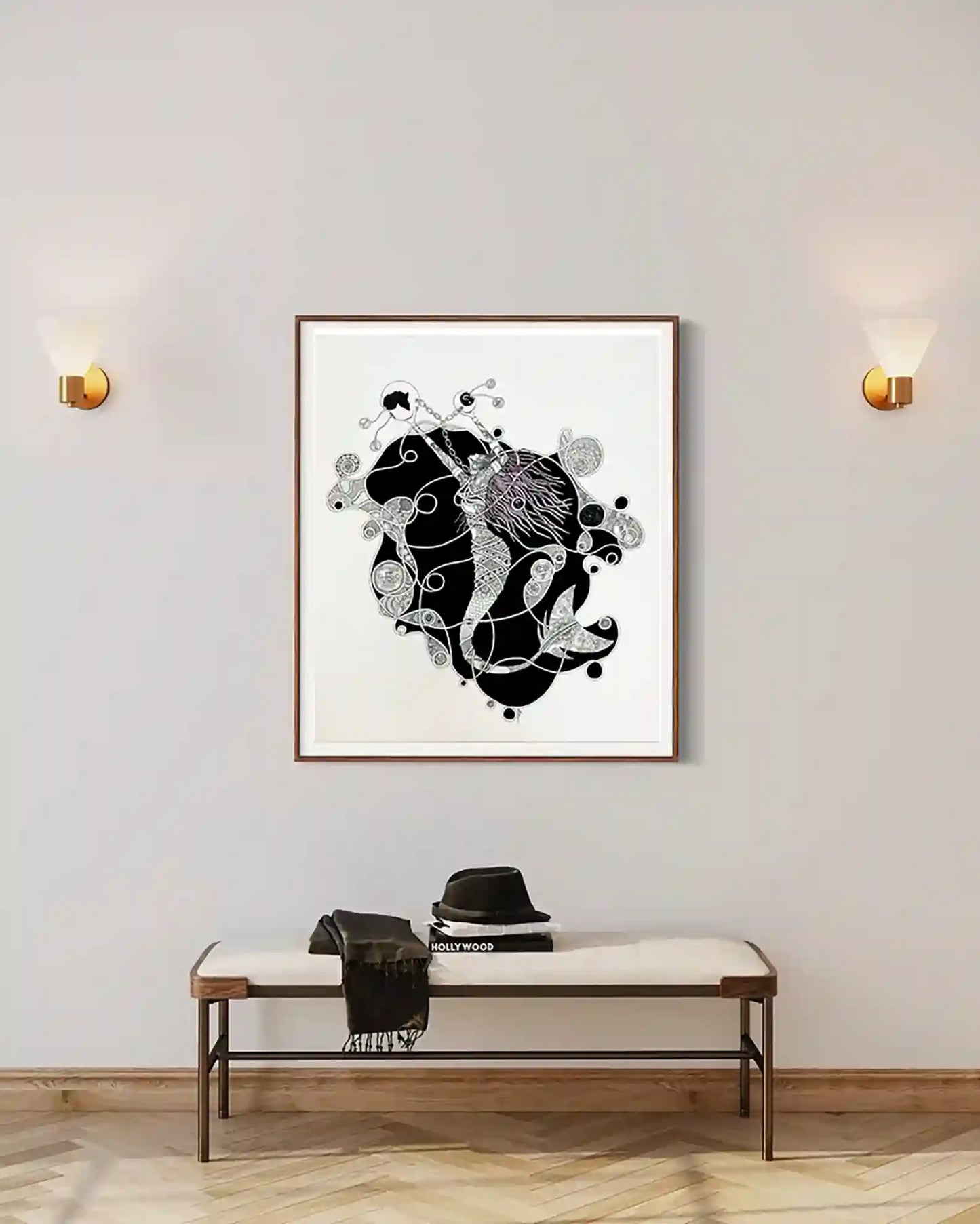 African Mermaid Has A Question 2 by Samir Shareef framed art above modern bench with gold sconces minimalist interior mockup