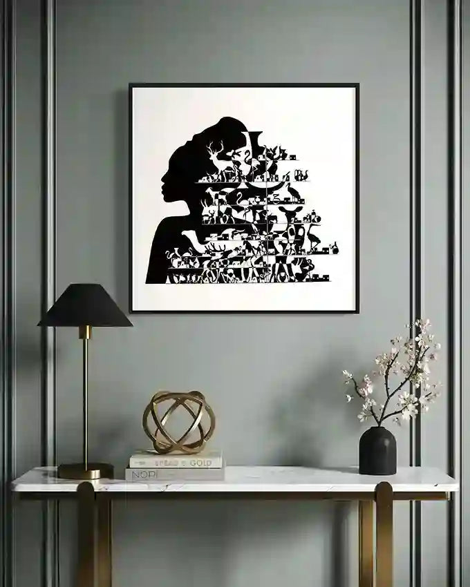 
African Queen framed canvas on grey wall with console table featuring black white silhouette art by Yousif Ibrahim
