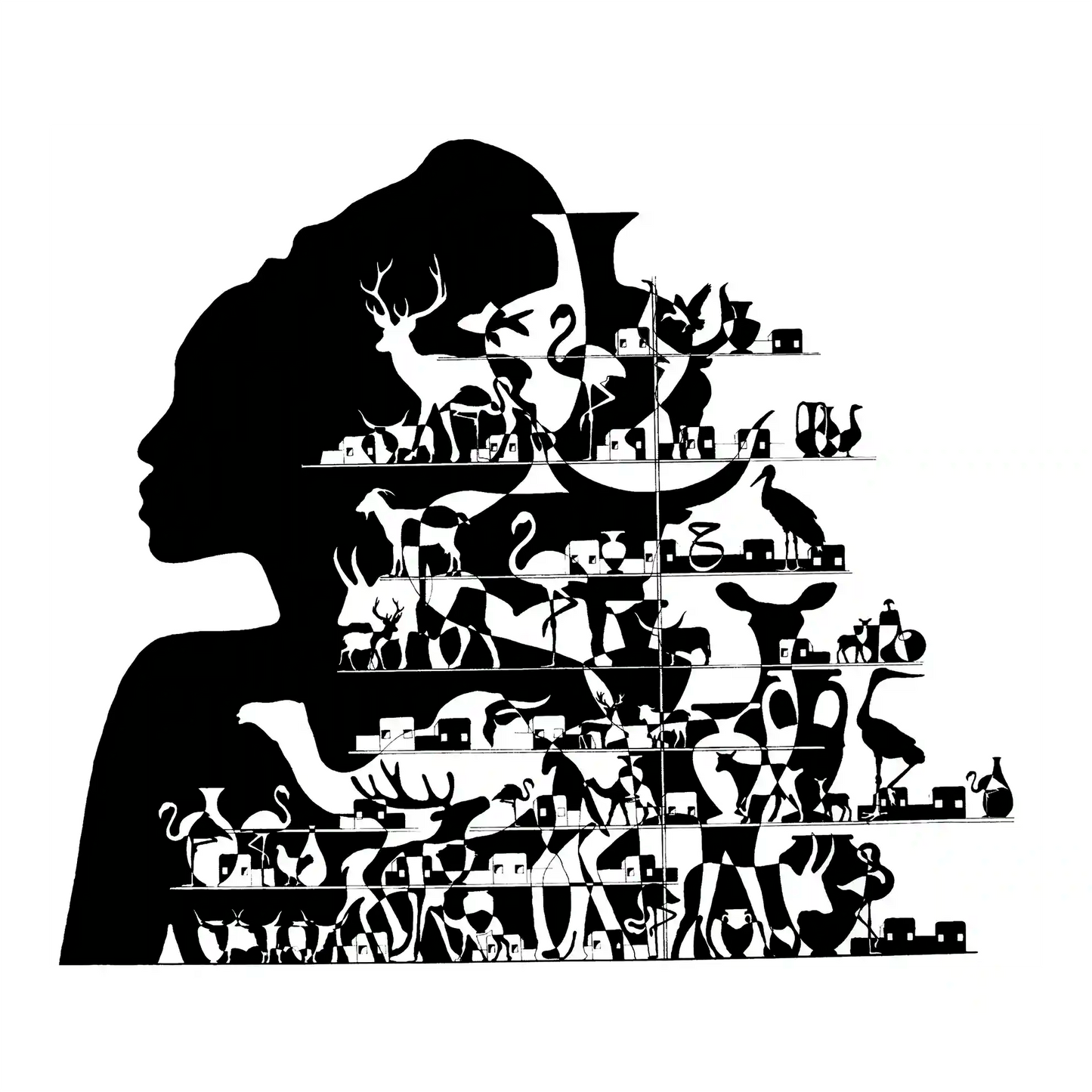 A black and white artwork featuring a silhouette of a queen with a crown, composed of various animal and abstract shapes.