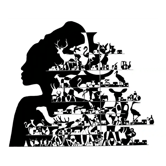 A black and white artwork featuring a silhouette of a queen with a crown, composed of various animal and abstract shapes.