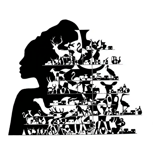 African Queen canvas print by Yousif Ibrahim featuring silhouette art with wildlife and village scenes in black and white

