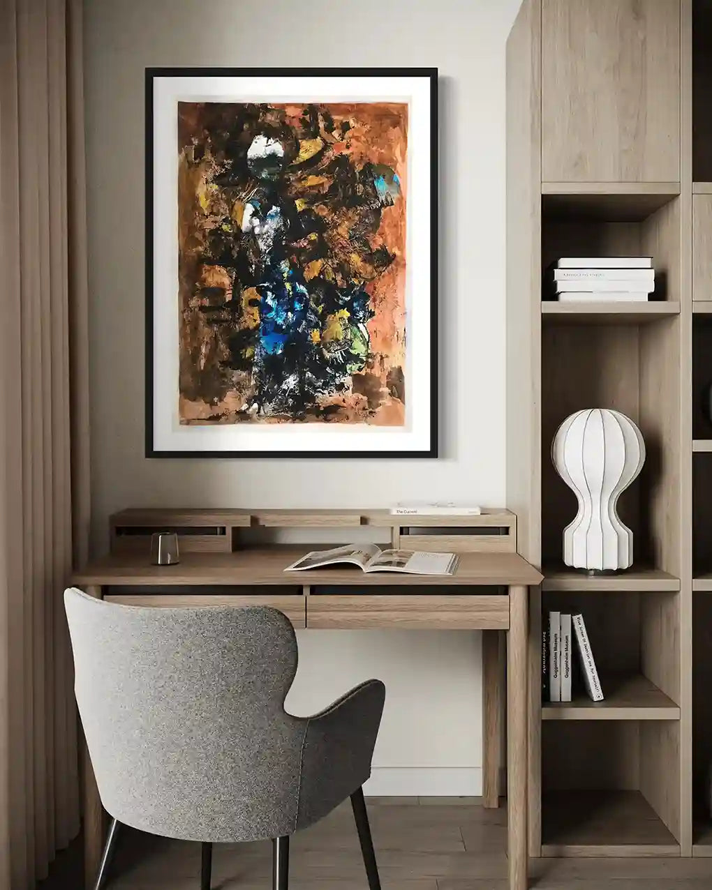 Afro Woman abstract art by Samir Shareef framed above modern desk in contemporary home office interior design mockup