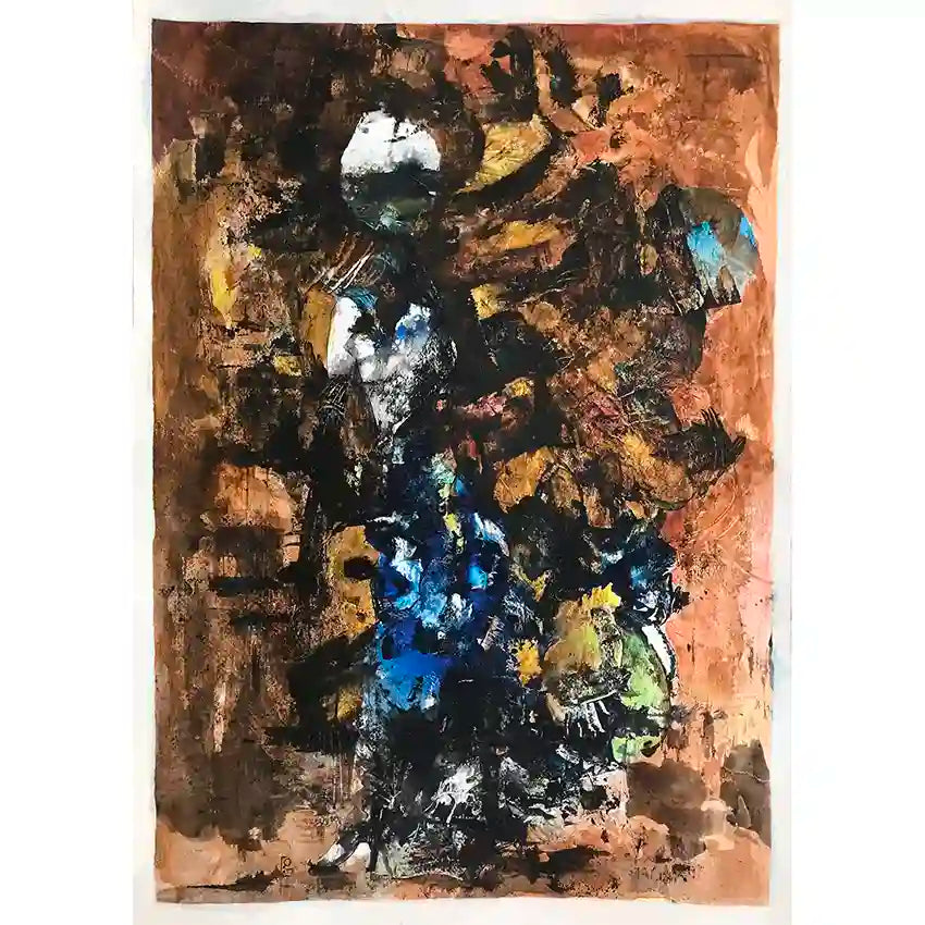 Afro Woman abstract acrylic painting on paper by Samir Shareef with bold black brushwork on warm earth tone background