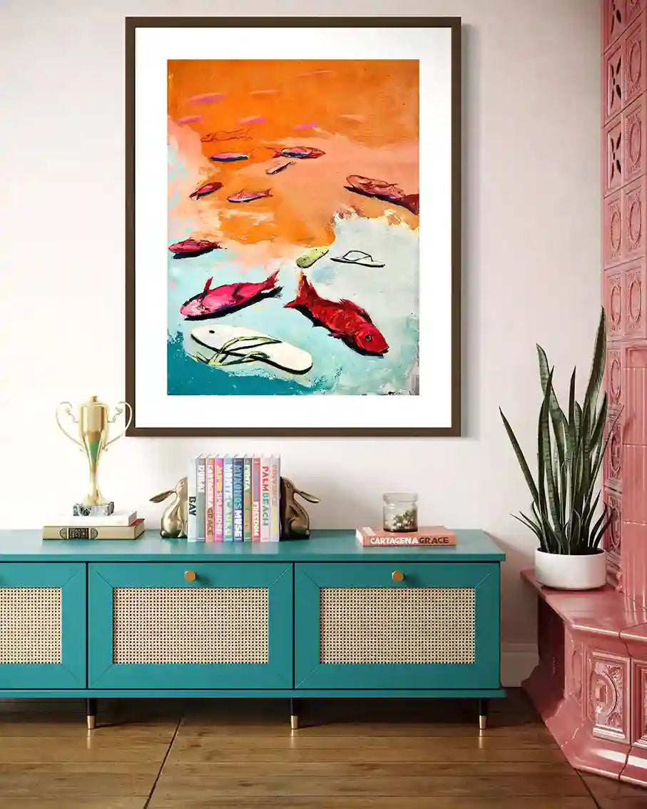 'Coccyx 1' by Bakri Moaz framed art print in colorful interior with teal sideboard - surreal displacement themed artwork