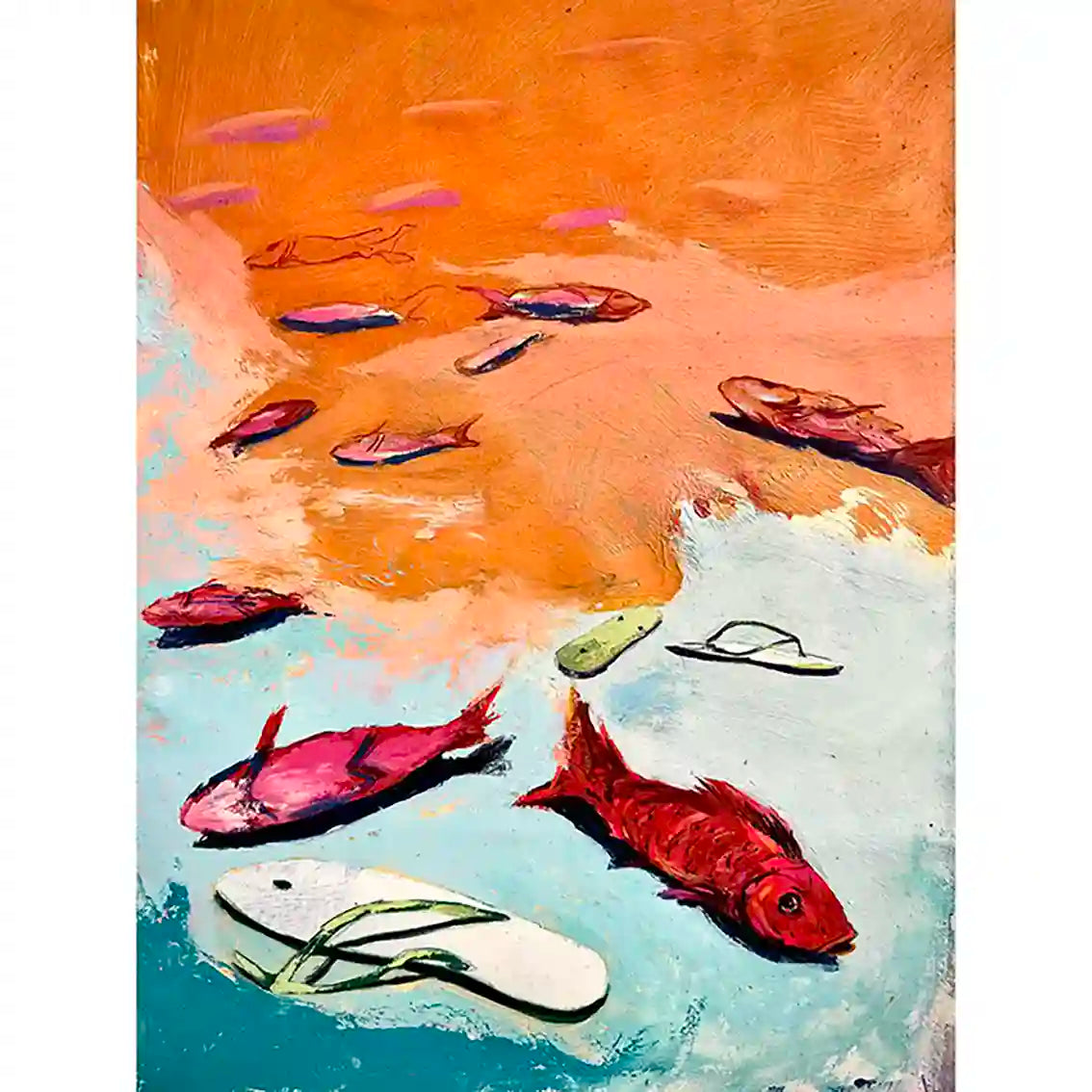 Coccyx 1 oil painting by Bakri Moaz showing colorful fish swimming with scattered flip-flops in orange and blue waters