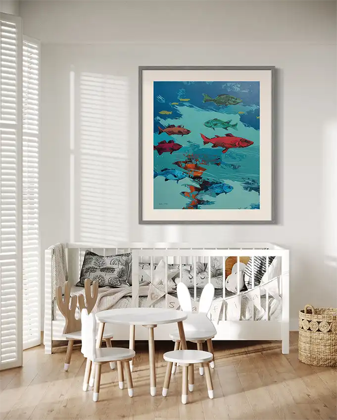 Coccyx 6 by Bakri Moaz framed fish art print in modern nursery with white crib and kids table - underwater themed artwork