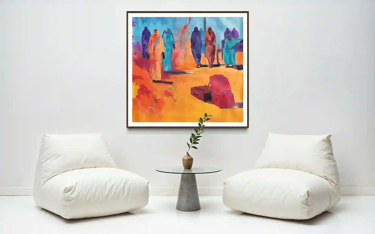 'On The Way Back' by Bakri Moaz framed art print in modern living room with white furniture and minimalist interior design