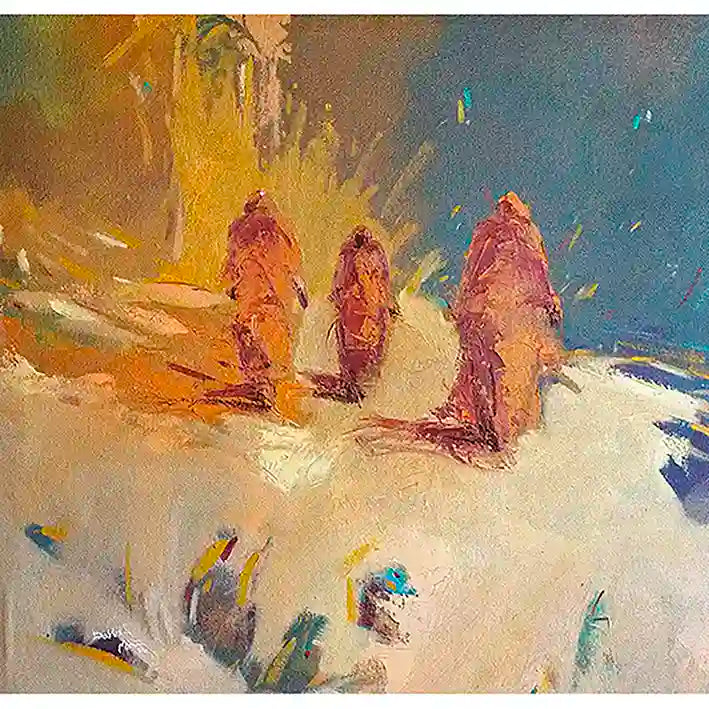 Oil painting by Bakri Moaz titled 'On The Way Back 5' showing three robed figures in golden abstract landscape