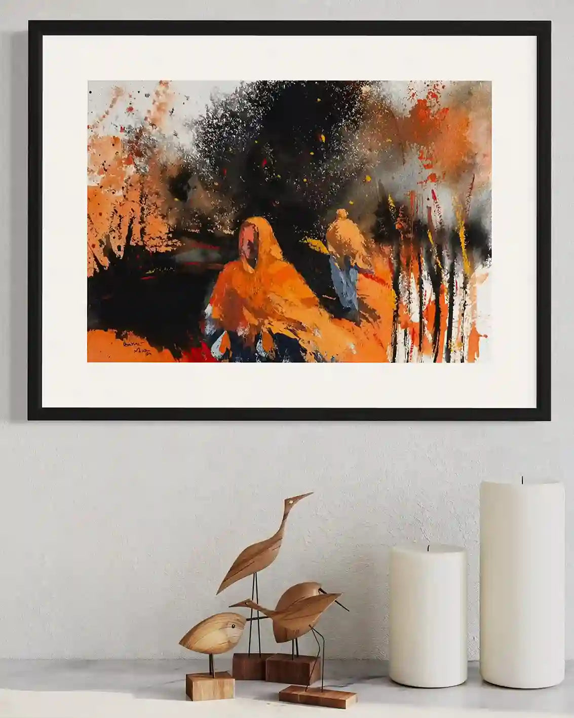 Remnants 2 by Bakri Moaz framed mixed media art displayed above wooden bird sculptures and white vases in modern home