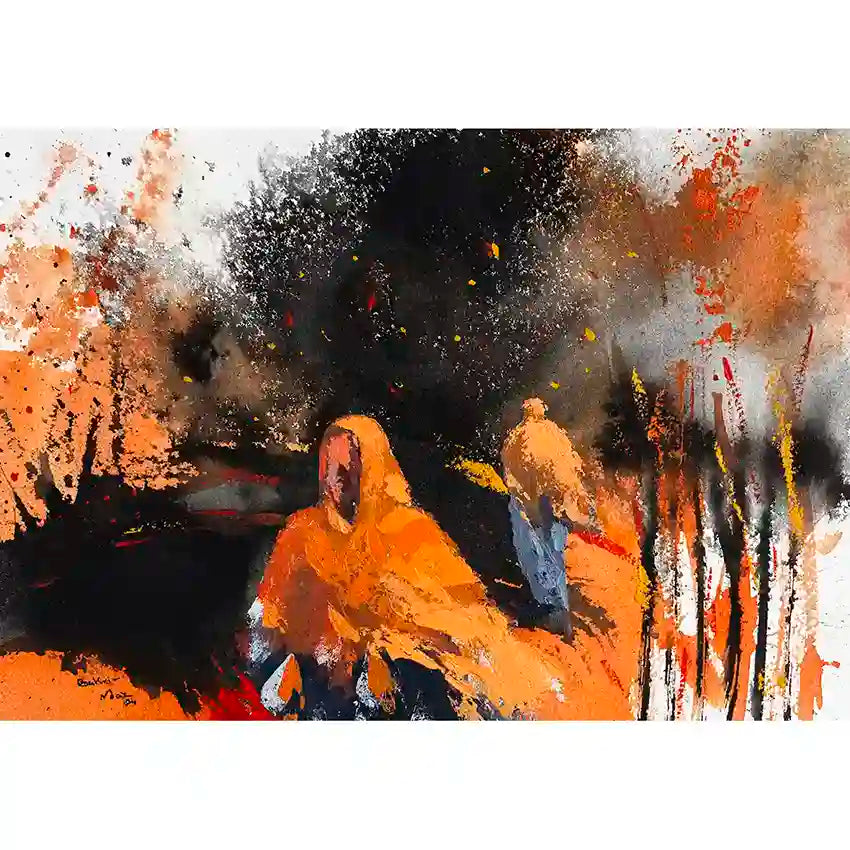 Remnants 2 by Bakri Moaz - mixed media painting of displaced Sudanese women in abstract forms, orange black background, art