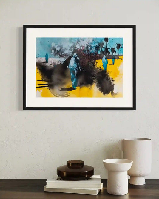 Remnants 3 by Bakri Moaz framed mixed media art displayed above modern ceramic pottery in minimalist home interior