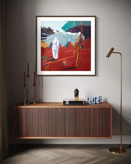 Bakri Moaz 'On The Way Back 3' abstract painting displayed above wooden credenza in contemporary home interior design
