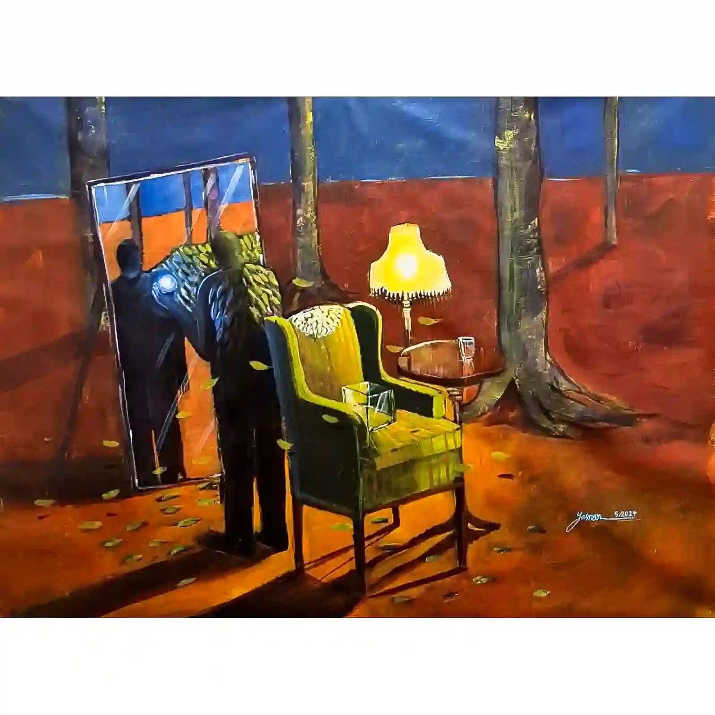 Banned from Heaven by Yasmeen Abdullah acrylic painting winged figure at mirror with yellow lamp warm orange interior