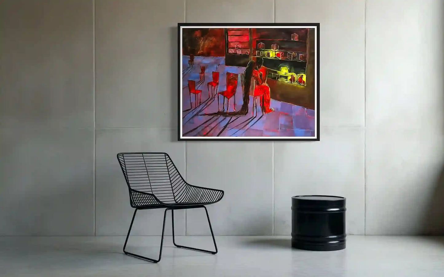 Be A Neutral Hero by Yasmeen Abdullah framed art in minimalist interior with black wire chair contemporary decor