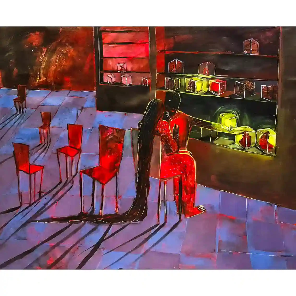 Be A Neutral Hero by Yasmeen Abdullah acrylic painting figure in red among chairs in dramatic theatrical setting