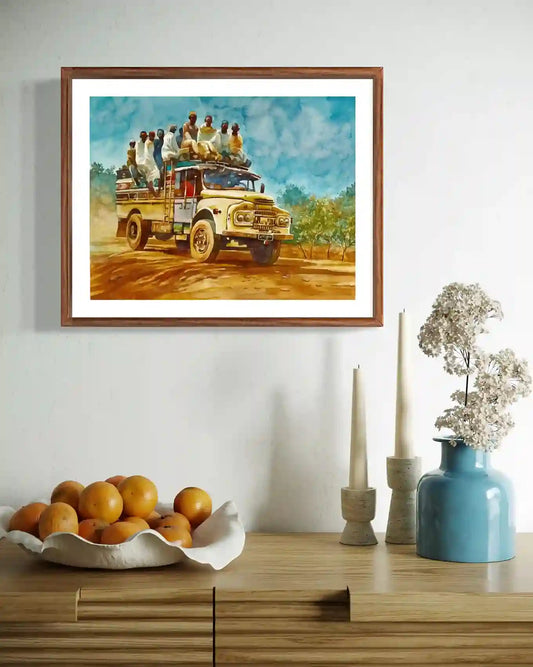 Bedford Express watercolor by Hussein Merghani framed in modern interior, truck painting wall art home decor mockup