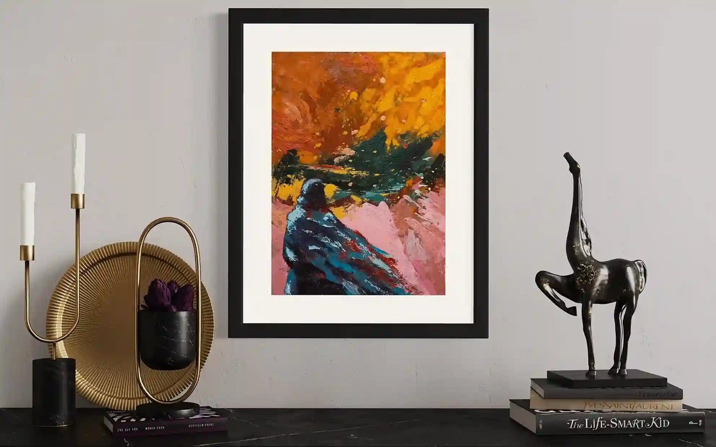 Before They Fade 1 by Bakri Moaz framed artwork displayed in modern interior with brass decor and sculpture