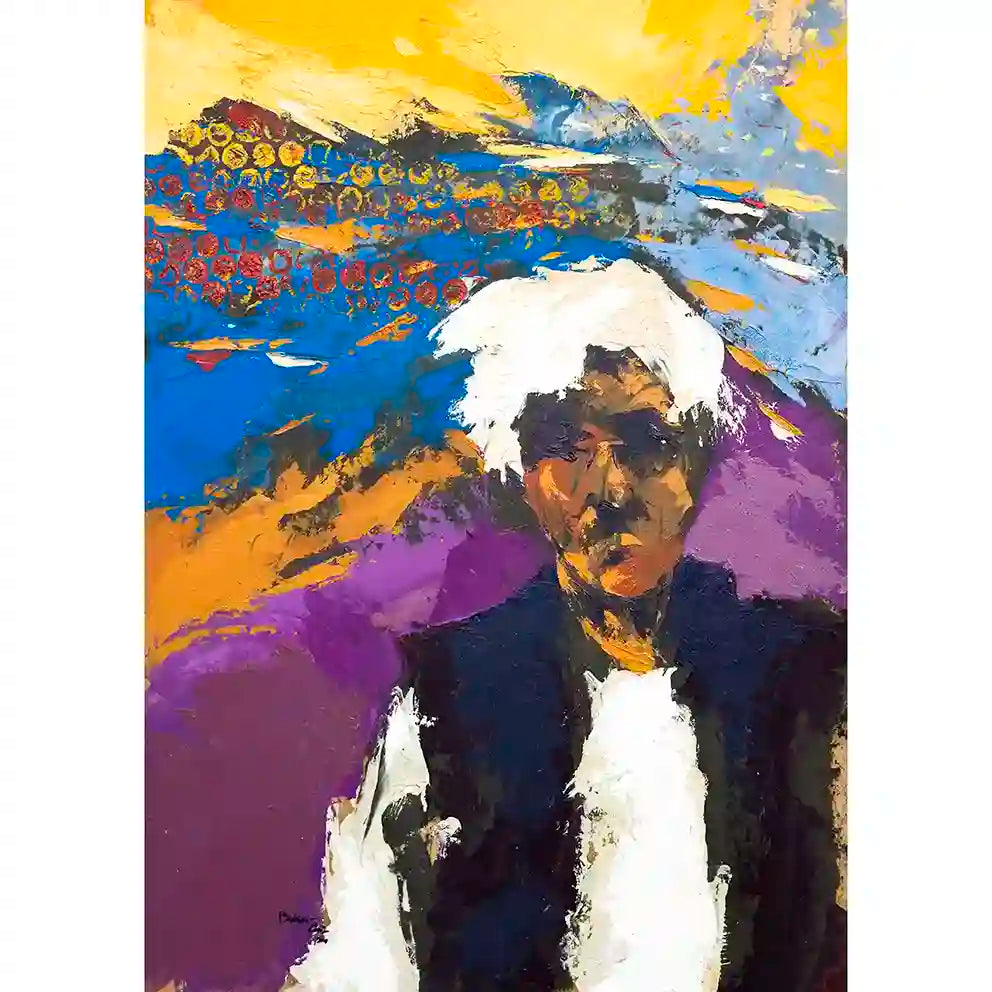 Before They Fade 2 oil on paper by Bakri Moaz showing male figure against abstract background depicting war displacement