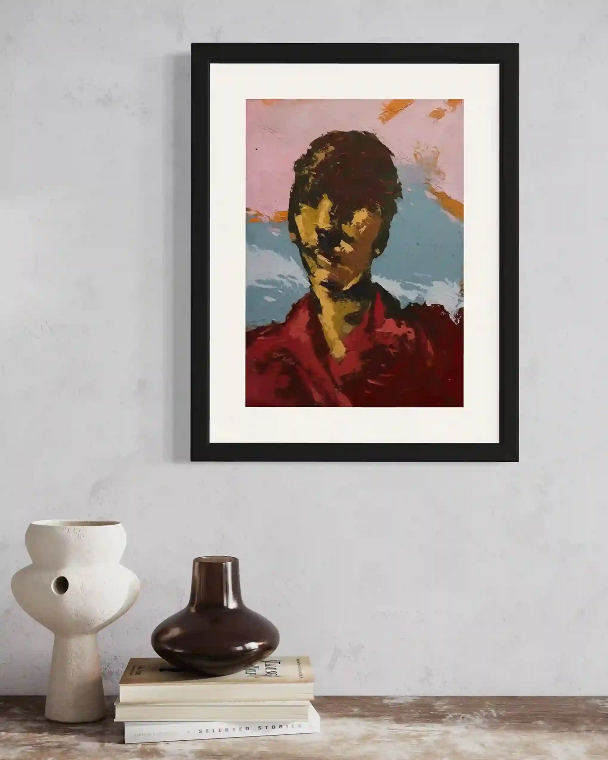 Before They Fade 3 by Bakri Moaz framed artwork displayed in modern interior with ceramic vases and books