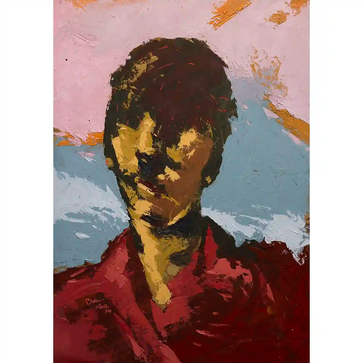 Before They Fade 3 oil on paper by Bakri Moaz showing figure in red against abstract background depicting war displacement