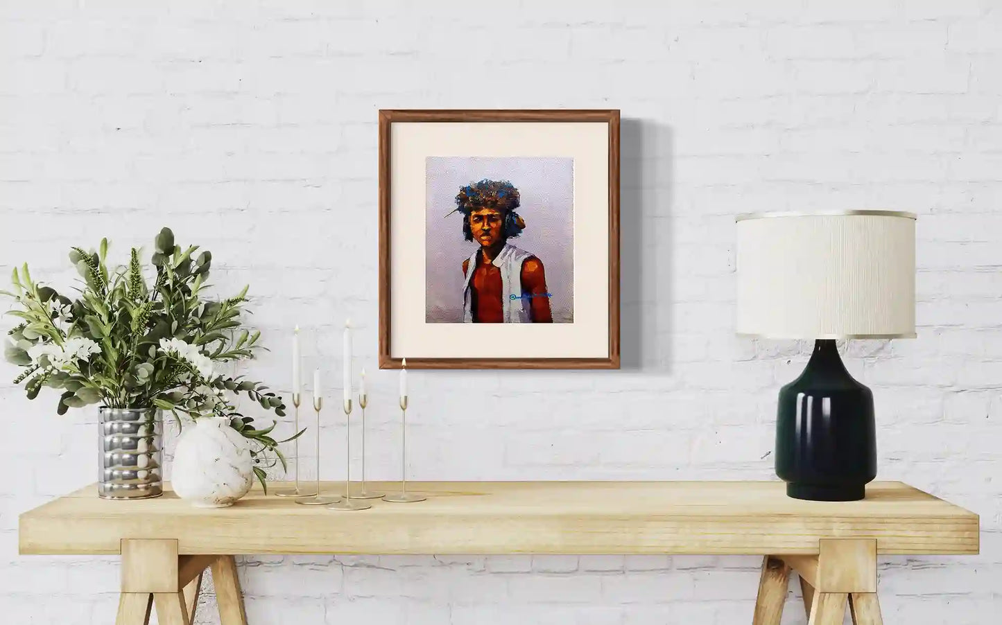 Beja 1 portrait by Osman Adam displayed in wooden frame on wooden bench with plants and lamp home decor mockup