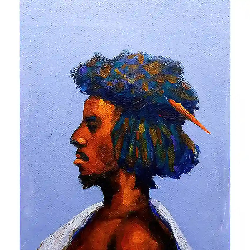 
Beja 2 acrylic portrait by Osman Adam showing Sudanese Beja tribesman profile with vibrant hair on canvas painting