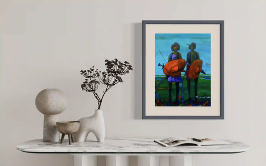 Beja Warriors original painting by Osman Adam displayed on modern wall with vase showing Sudanese tribal artwork