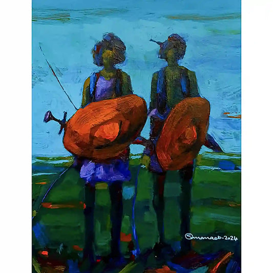 Beja Warriors acrylic painting by Osman Adam showing two Sudanese tribal figures with traditional shields on paper