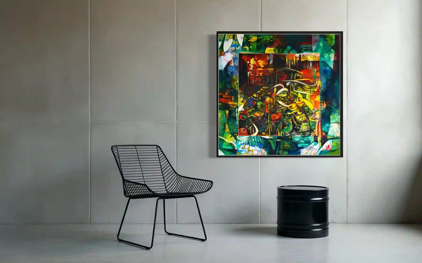 Big Brother art print by Hatim Kuku displayed in black frame in minimalist modern interior with wire chair and concrete wall