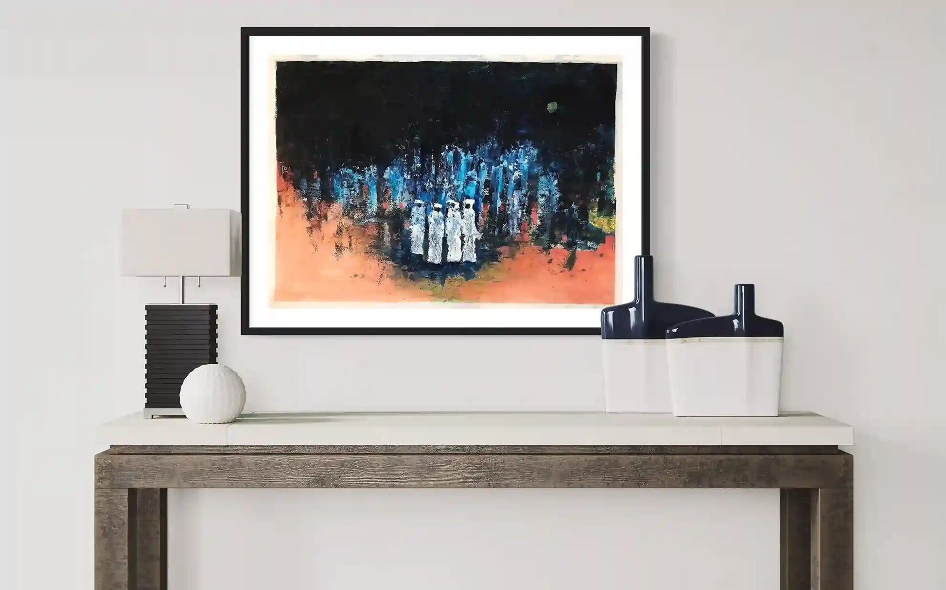 The Big Four by Samir Shareef framed abstract art - acrylic painting displayed in contemporary minimalist interior