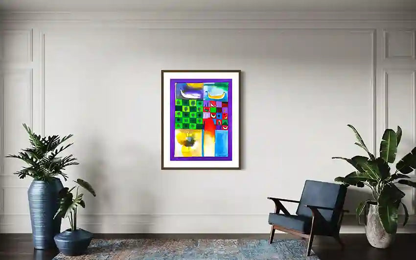 Abstract art print 'Birds and Pattern' by Abushariaa Ahmed in black frame on white wall - modern home decor with armchair