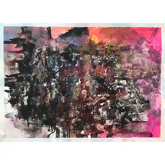 Black Prince acrylic by Samir Shareef with bold black gestural marks over pink purple gradient abstract expressionist design
