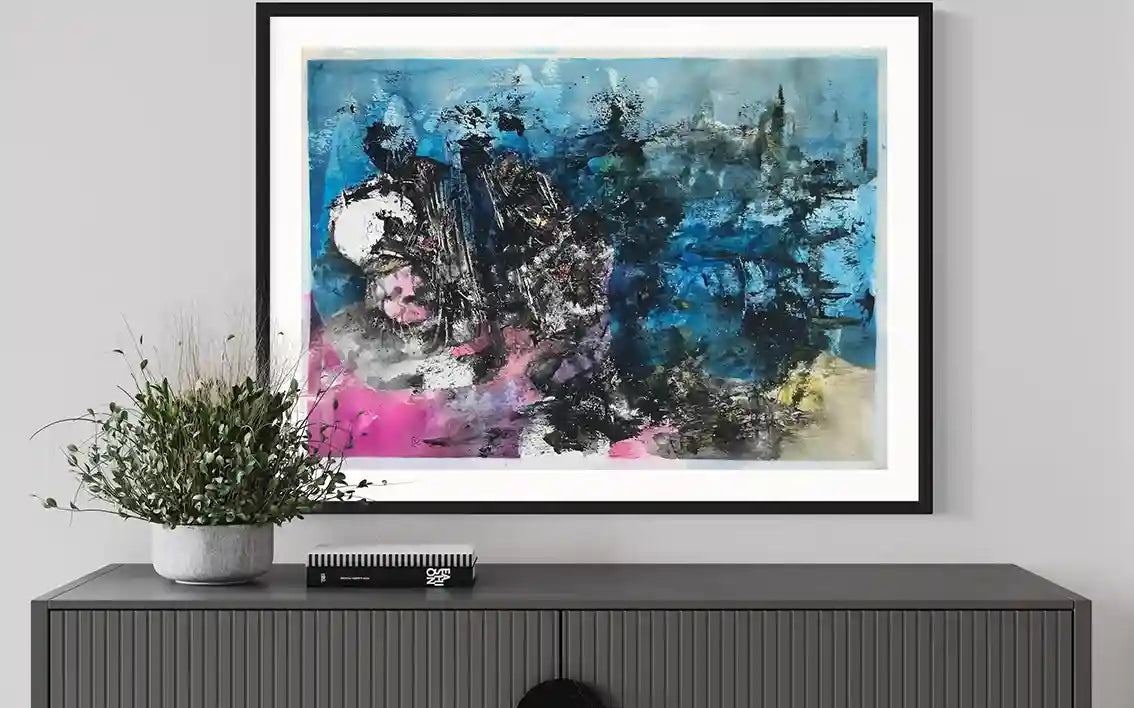 Blue Band Blue Beach painting by Samir Shareef in black frame above gray console with white planter interior mockup