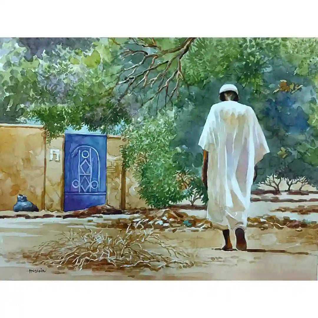 The Blue Door watercolor painting by Hussein Merghani showing Sudanese man in white robes walking past blue geometric door
