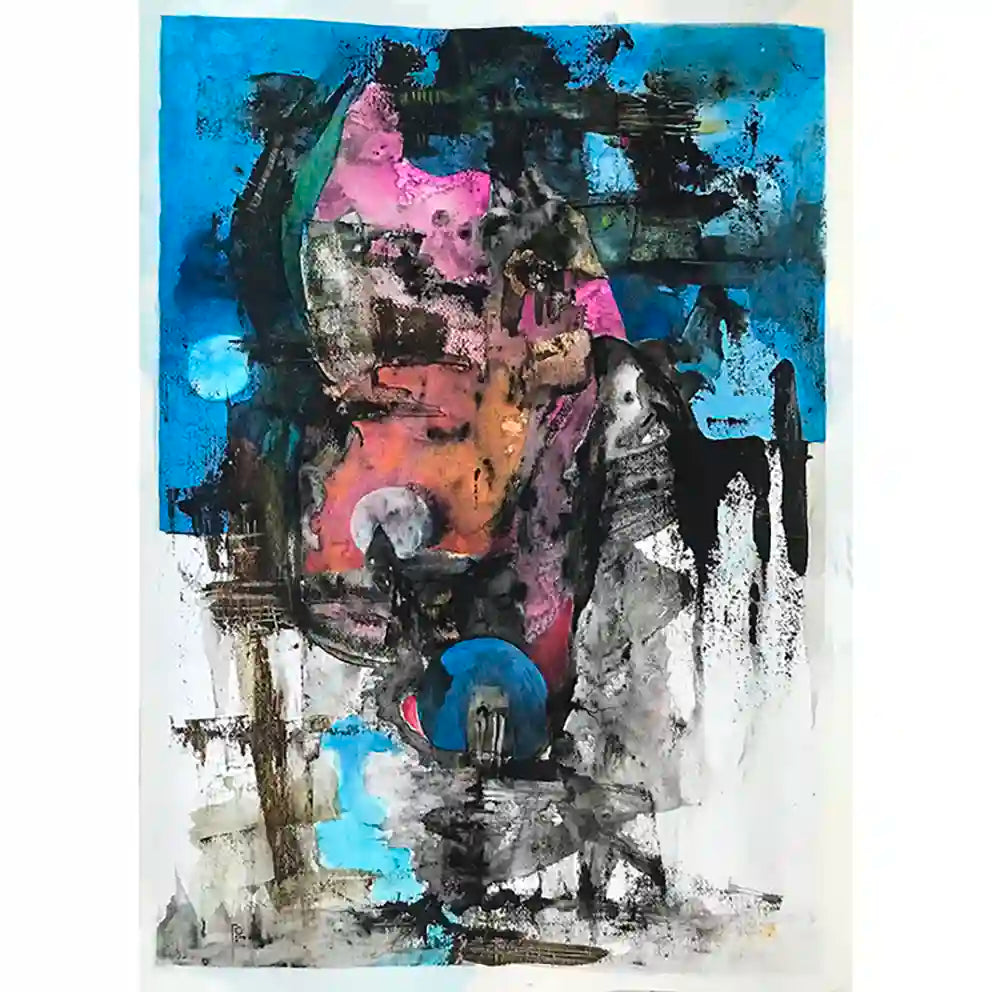 Blue Moon abstract acrylic painting by Samir Shareef with vibrant blues and expressive brushwork on paper artwork