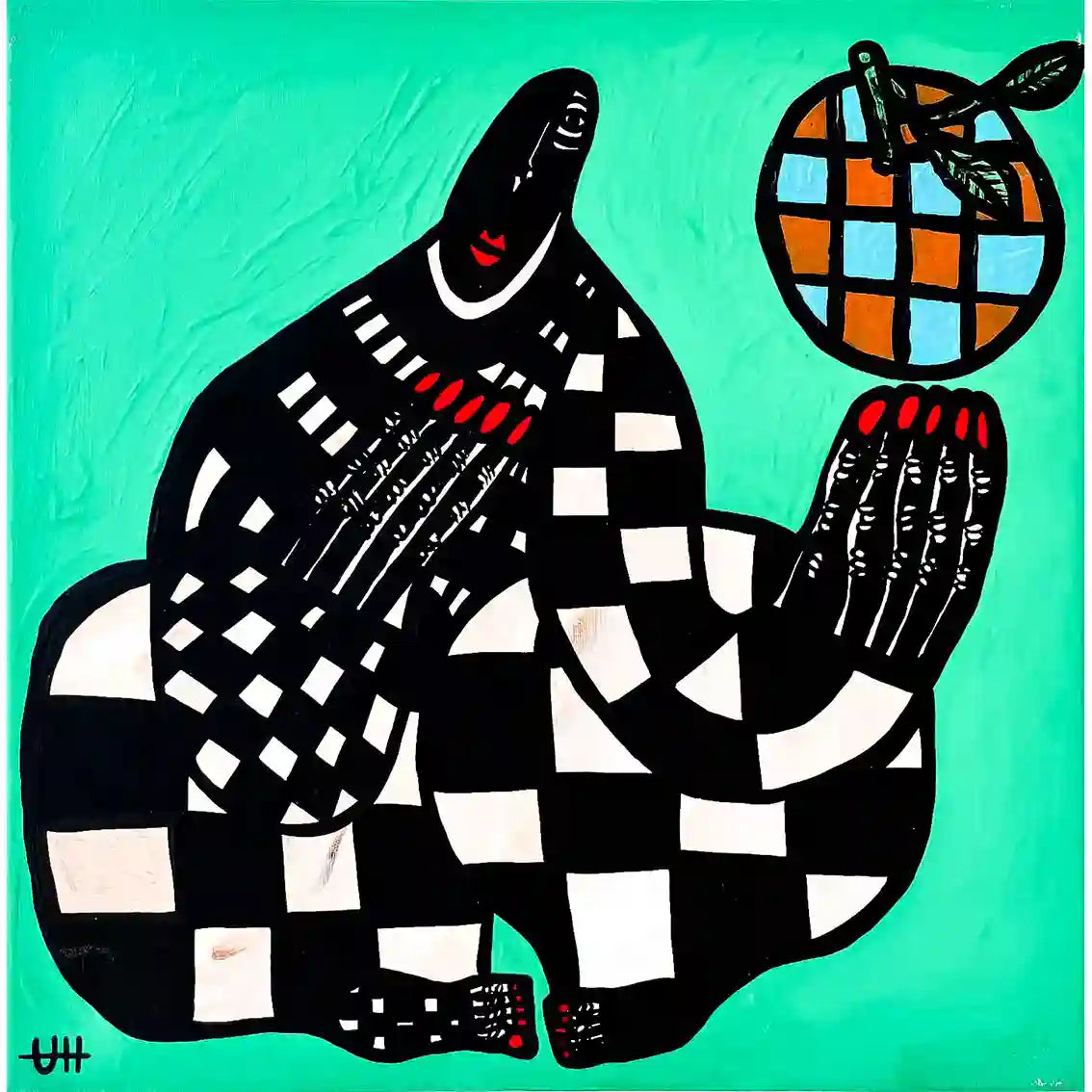 Blue Orange by Usra Hamza acrylic on canvas with abstract figure holding checkered globe on turquoise background