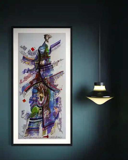
The Calligrapher's Muse 1 by Waleed Warag displayed in black frame on dark teal wall with modern pendant light fixture